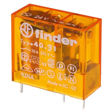 Finder 40.31.8.024 Miniatűr printrelé, 1 váltóérintkező, 10A, 24V, AC, 1CO, lábkiosztás-3,5mm