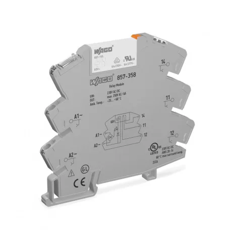 WAGO 857-358 Relémodul, bemeneti feszültség 230 V AC/DC, 1 váltóérintkezővel, 6 A, 2.50 mm², szürke 