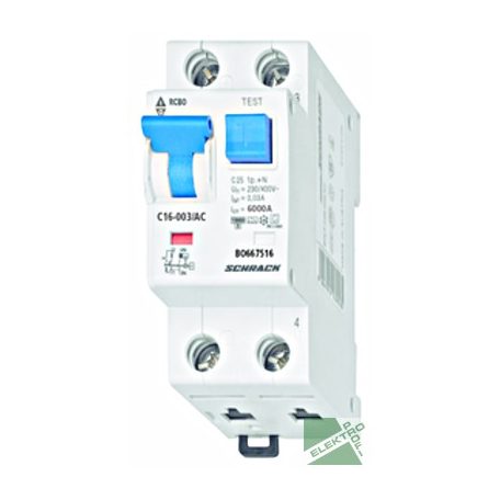 SCHRACK BO667516 Vezetékvédő kapcsoló C 16A, 30mA, 1+N, AC, 6kA