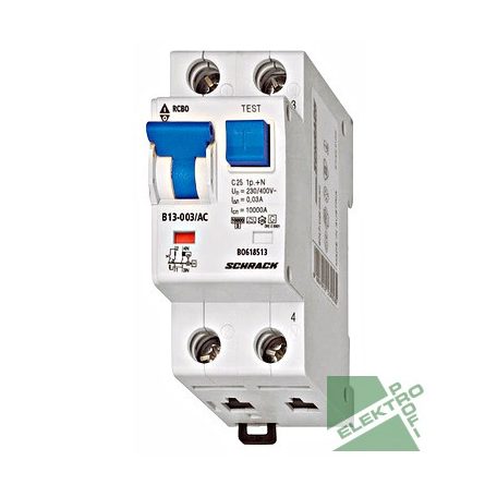 SCHRACK BO618513 Vezetékvédő kapcsoló B 13A, 30mA, 1+N, AC, 10kA