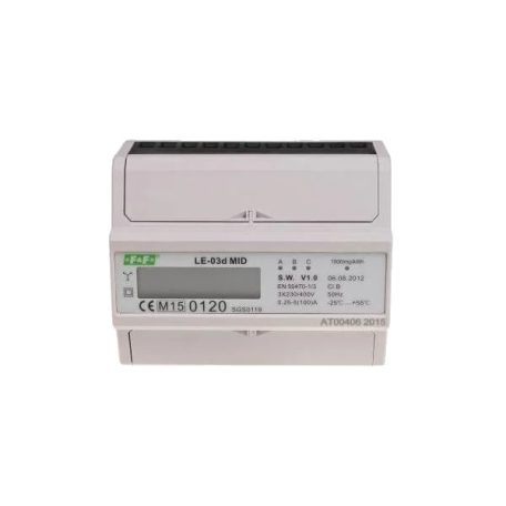 F&F LE-03D Fogyasztásmérő DIN sínre, 3 fázisú hitelesített 100A LCD, MID 7 modul