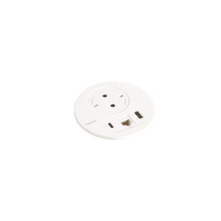 Legrand 654710 Incara Incara Disq 80 - bútorba süllyeszthető 2P+F + USB A+C + RJ45 Cat.6 UTP aljzat, 2m kábellel, fehér