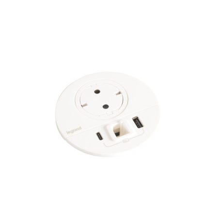 Legrand 654714 Incara Incara Disq 80 - bútorba süllyeszthető 2P+F + USB A+C + kábelkivezető aljzat, 2m kábellel, fehér