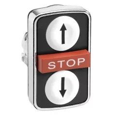   Schneider ZB4BA71114 Harmony fém kettősfejű nyomógomb fej, Ø22, visszatérő, 1-1 fehér fel/le nyíl nyomógomb, piros kiemelkedő STOP gomb