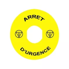   Schneider ZBY8130 Harmony sárga köralakú felirati tábla, Ø90, vészleállítóhoz, logóval, ARRET D URGENCE
