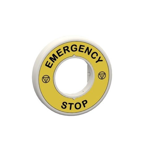 Schneider ZBY9W2B330 Harmony világító felirati körgyűrű vészleállítóhoz, piros, 24VAC/DC, vészleállító logóval, "EMERGENCY STOP"