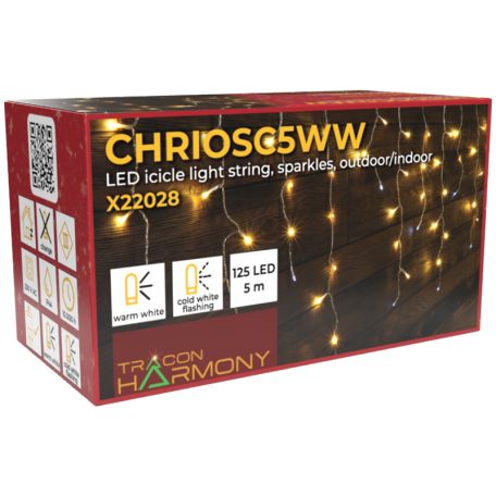 Tracon CHRIOSC5WW Karácsonyi sziporkázó jégcsapfényfüggöny, kültéri/beltéri 230VAC, 5+5M, 125LED, 3,6W, 2600-2700K, IP44