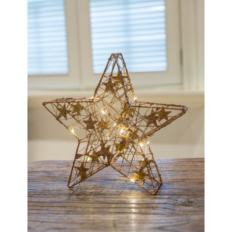 Tracon CHRSTGS14GWW LED karácsonyi csillag, arany,fém, elemes Timer 6+18h, 14LED, 3000K, 2xAA