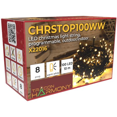 Tracon CHRSTOP100WW Karácsonyi programozható fényfüzér, kültéri/beltéri 230VAC, 2+10M, 100LED, 3,6W, 2600-2700K, IP44