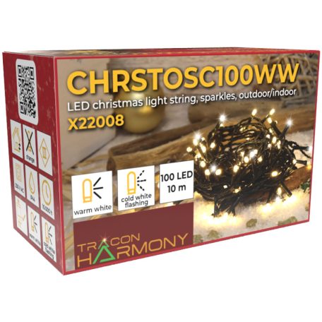 Tracon CHRSTOSC100WW Karácsonyi sziporkázó fényfüzér, kültéri/beltéri 230VAC, 2+10M, 100LED, 3,6W, 2600-2700K, IP44