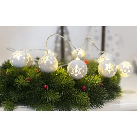 Tracon CHRSTSFBW10WW LED karácsonyi lánc, gömb, hópehely, fehér, elemes Timer 6+18h,10LED, 3000K, 2xAA