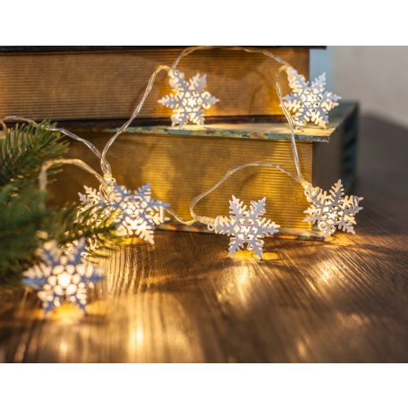 Tracon CHRSTSFWM10WW LED karácsonyi lánc, hópehely,fehér, fém, elemes Timer 6+18h,10LED, 3000K, 2xAA