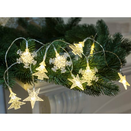 Tracon CHRSTSSTA10WW LED karácsonyi lánc, hópehely,fa, csillag, elemes Timer 6+18h, 10LED, 3000K, 2xAA