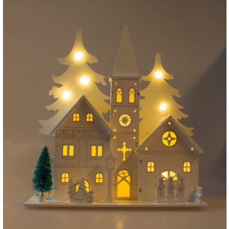 Tracon CHRWHCH10WW LED karácsonyi templom, fa, elemes Timer 6+18h,10LED, 3000K, 3xAA