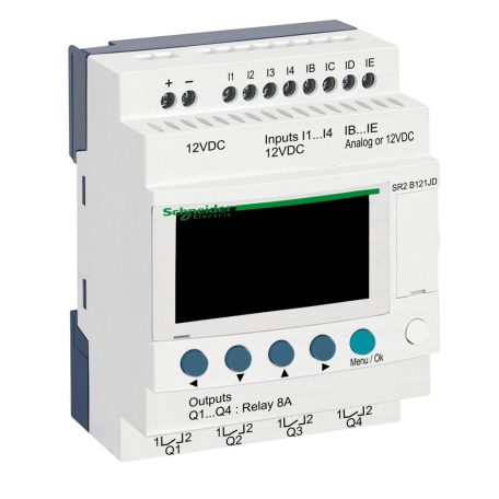 Schneider SR2B121JD LCD kijelzős, 12 I/O, 4 analóg bemenet, relés, 12VDC