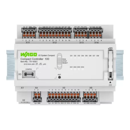 WAGO 751-9301 Kompakt vezérlő 100; 8DI 4DO 2AI 2AO 2NI1K/PT1K 1RS485; 2 x ETHERNET; SD