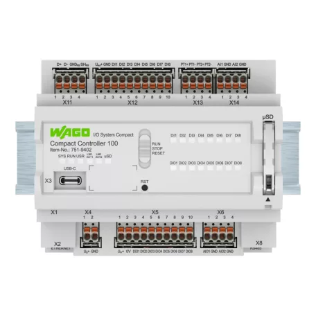 WAGO 751-9402 Kompakt vezérlő 100; 8DI 8DIO 2AI 2AIO 2NI/PT 2RS485; 2 x ETHERNET; SD