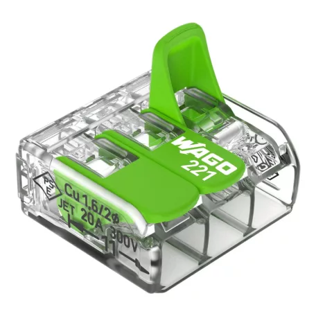 WAGO 221-423 GREEN vezeték összekötő 3x0,2-4mm2, 32A, oldható mini átlászó/zöld